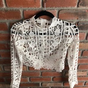 TOBI Lace Long Sleeve Crop Top White S Mock Neck